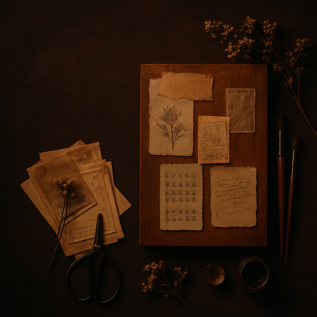A mixed-media art crafting table with vintage paper, dried flowers and brushes