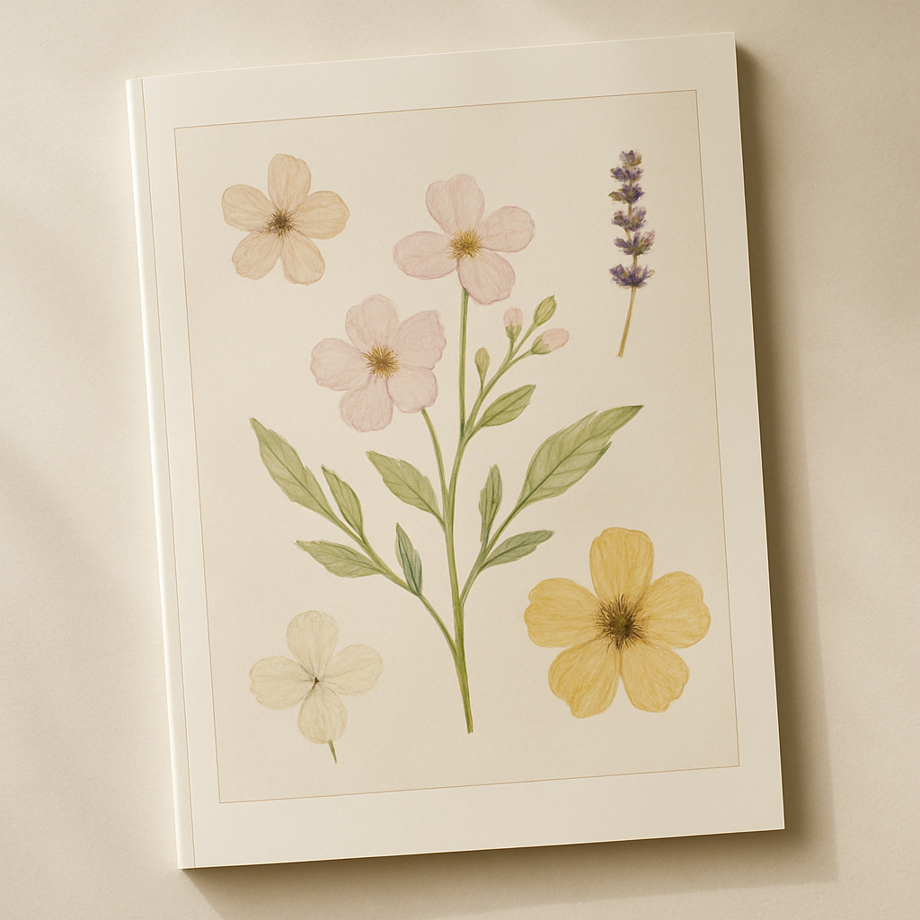 In Her Garden magazine cover featuring pressed flowers and botanical art